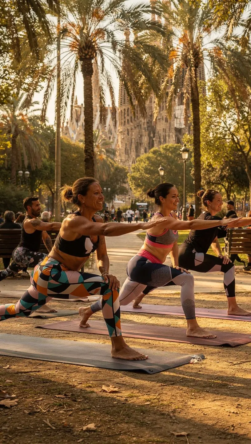 Instructora guiando una clase intensa de Power Flow Yoga en un parque.
