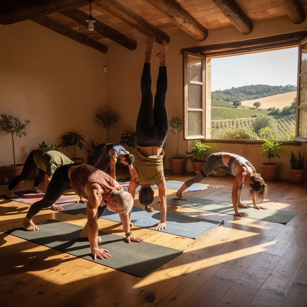 Practicante de yoga en una postura avanzada en un estudio iluminado.