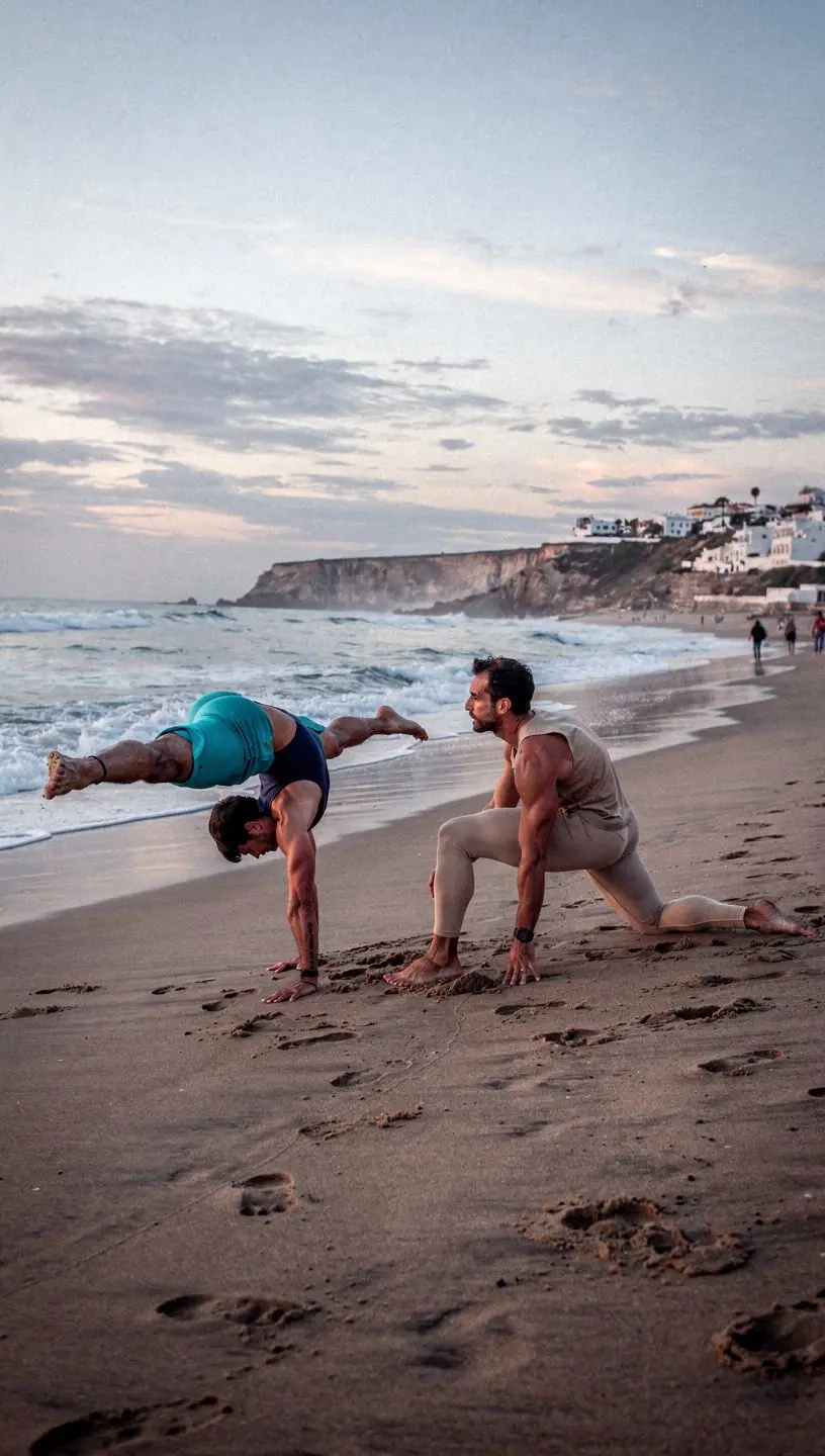 Grupo de yoguis realizando secuencias dinámicas en un entorno al aire libre.
