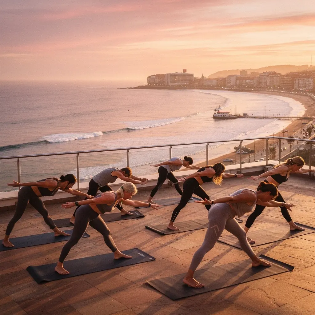 Grupo de yoguis en una clase intensa, ejecutando secuencias dinámicas en armonía.