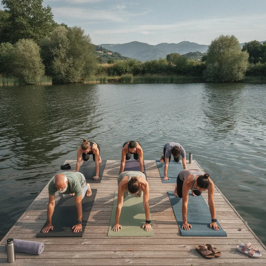 Grupo de yoguis en una clase intensa, ejecutando secuencias dinámicas en armonía.