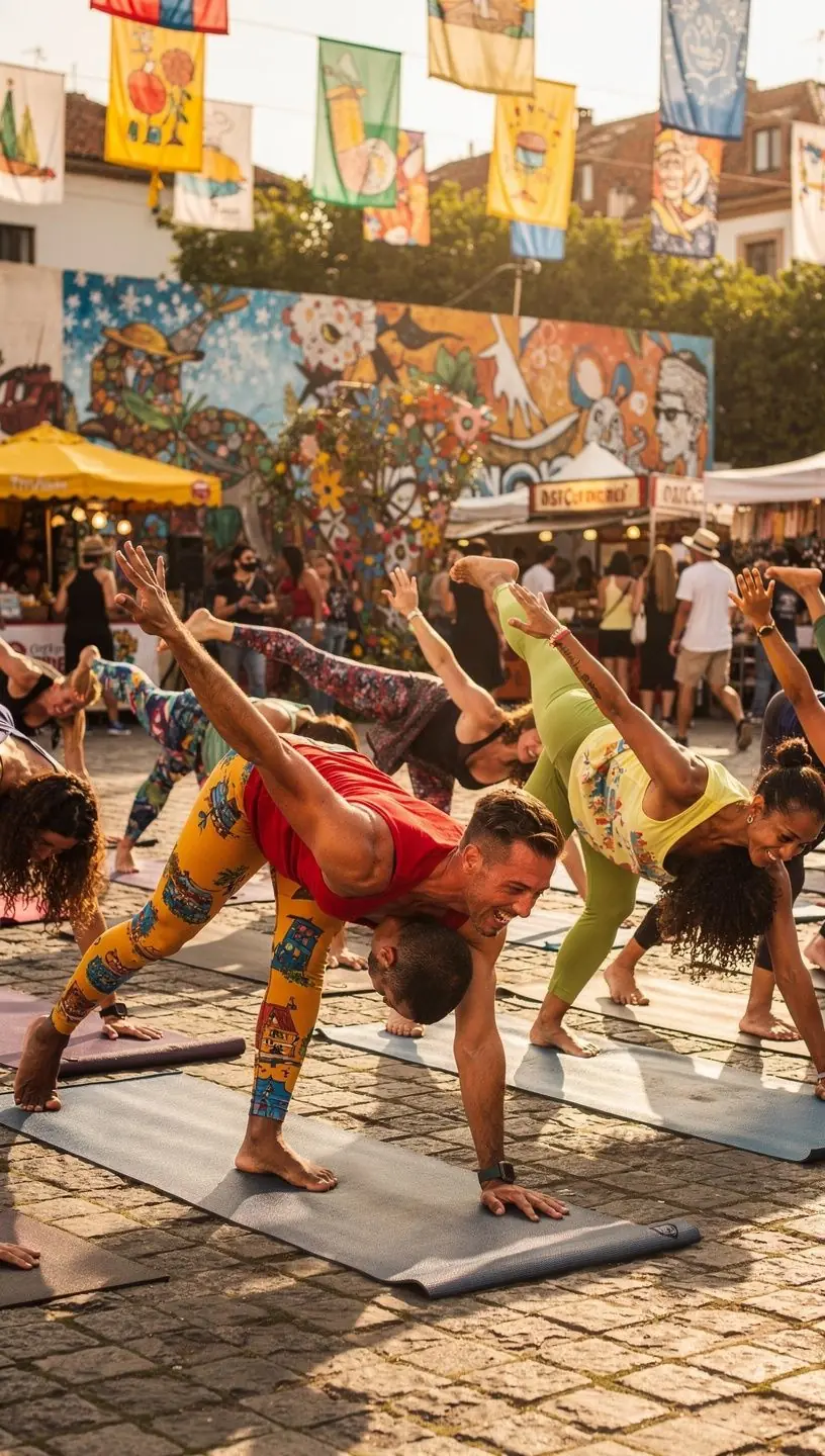 Grupo de yoguis en una clase intensa, ejecutando secuencias dinámicas en armonía.