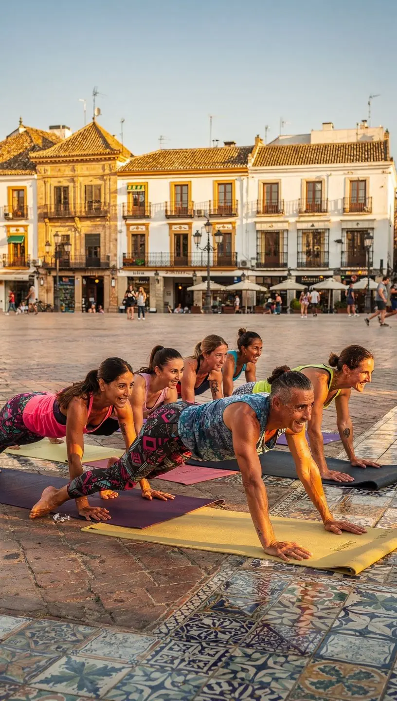 Grupo de yoguis en una clase intensa, ejecutando secuencias dinámicas en armonía.