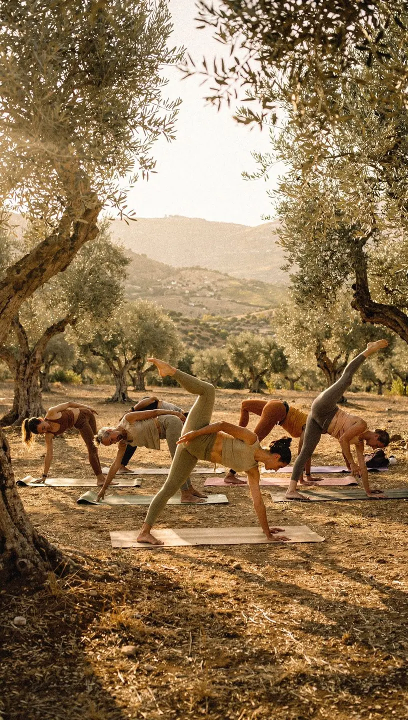 Grupo de yoguis en una clase intensa, ejecutando secuencias dinámicas en armonía.